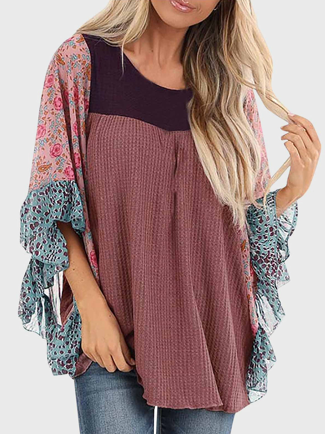 Full Size Printed Round Neck Three-Quarter Sleeve Blouse Dusty Pink