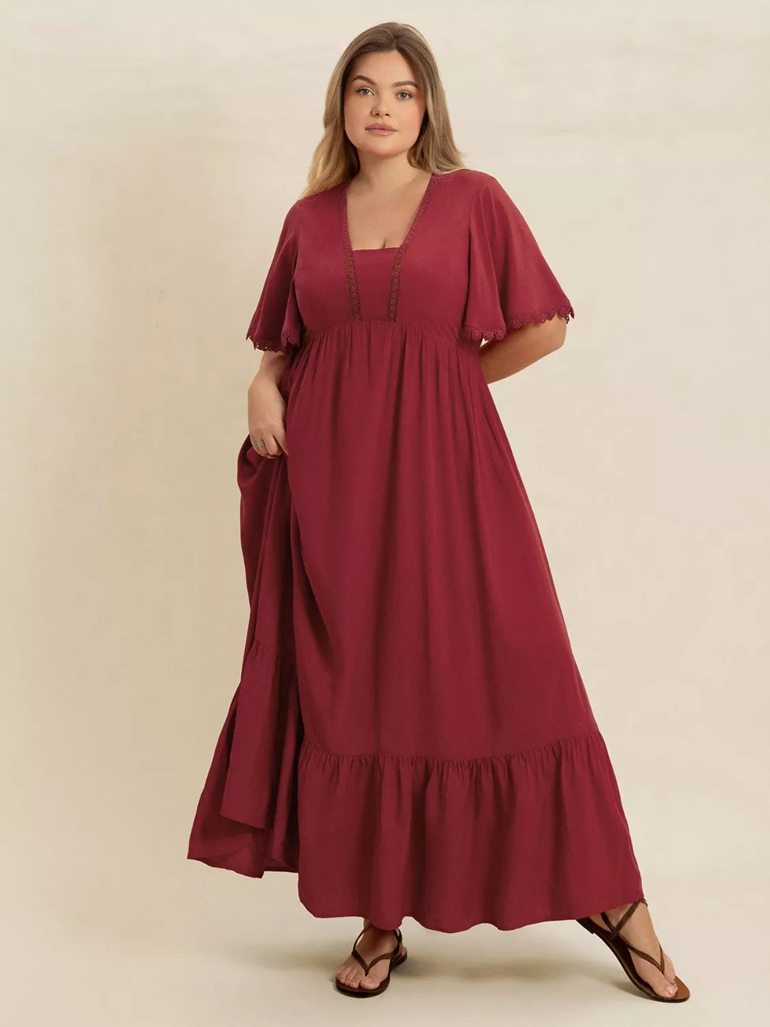 Plus Size Lace Detail Flutter Sleeve Maxi Dress Burgundy