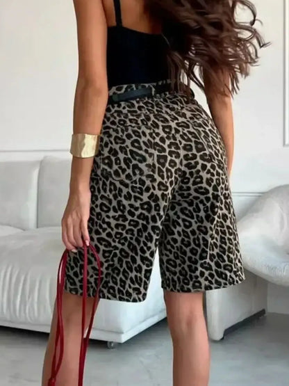 Leopard Print High-Waisted Casual Shorts