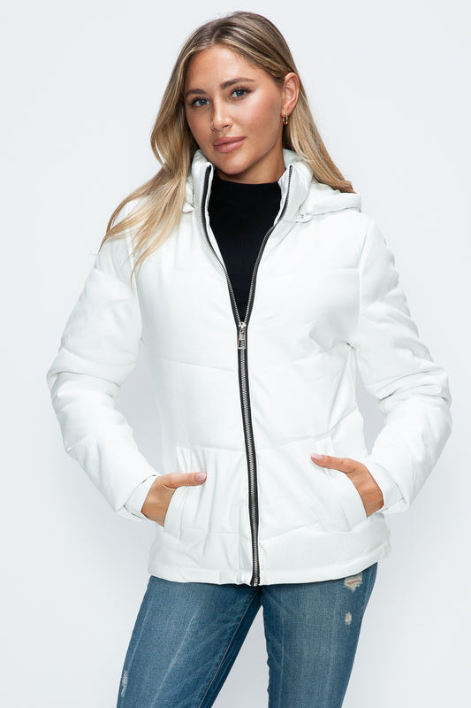 How Dare U Pocketed Zip Up Puffer Jacket with Removable Hood White