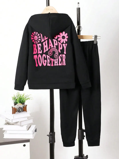 Children's Graphic Long Sleeve Hoodie and Pants Set Black