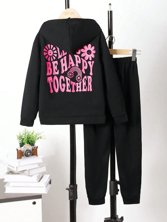 Children's Graphic Long Sleeve Hoodie and Pants Set Black