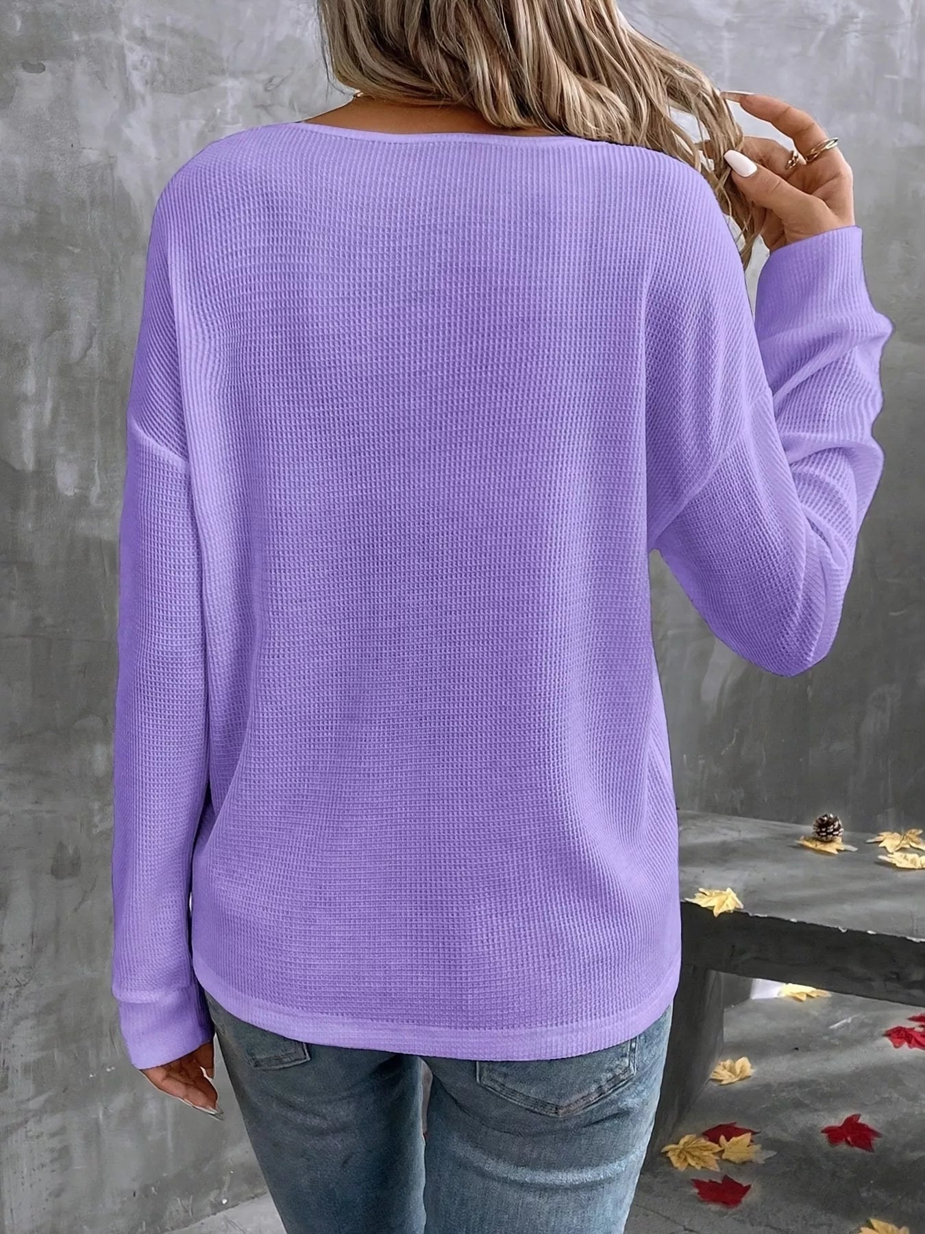 Plus Size V-Neck Long Sleeve Waffle Knit T-Shirt