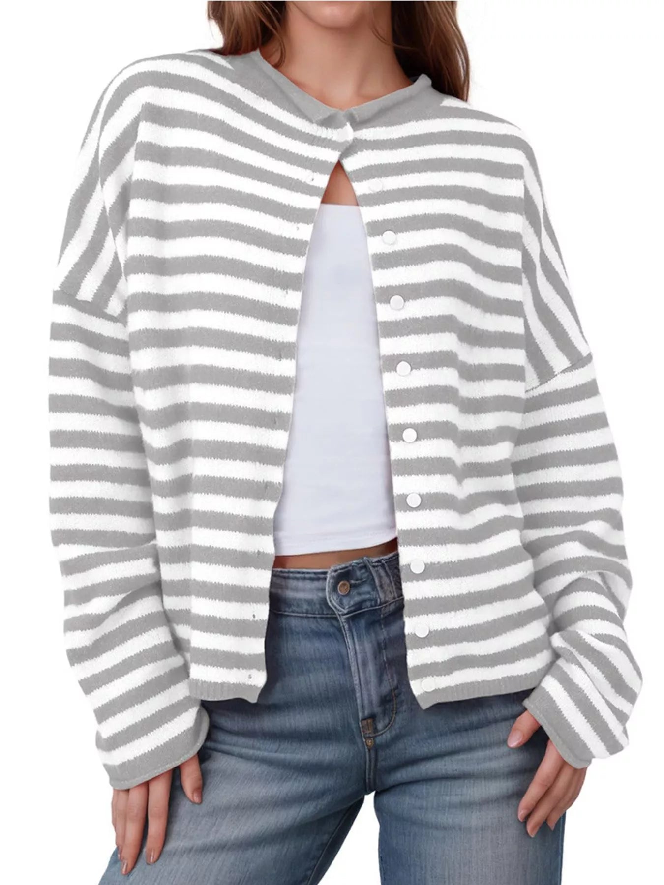 Striped Button-Up Cardigan Gray