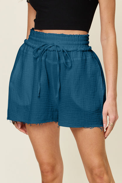 Textured Cotton Drawstring Shorts with Raw Hem