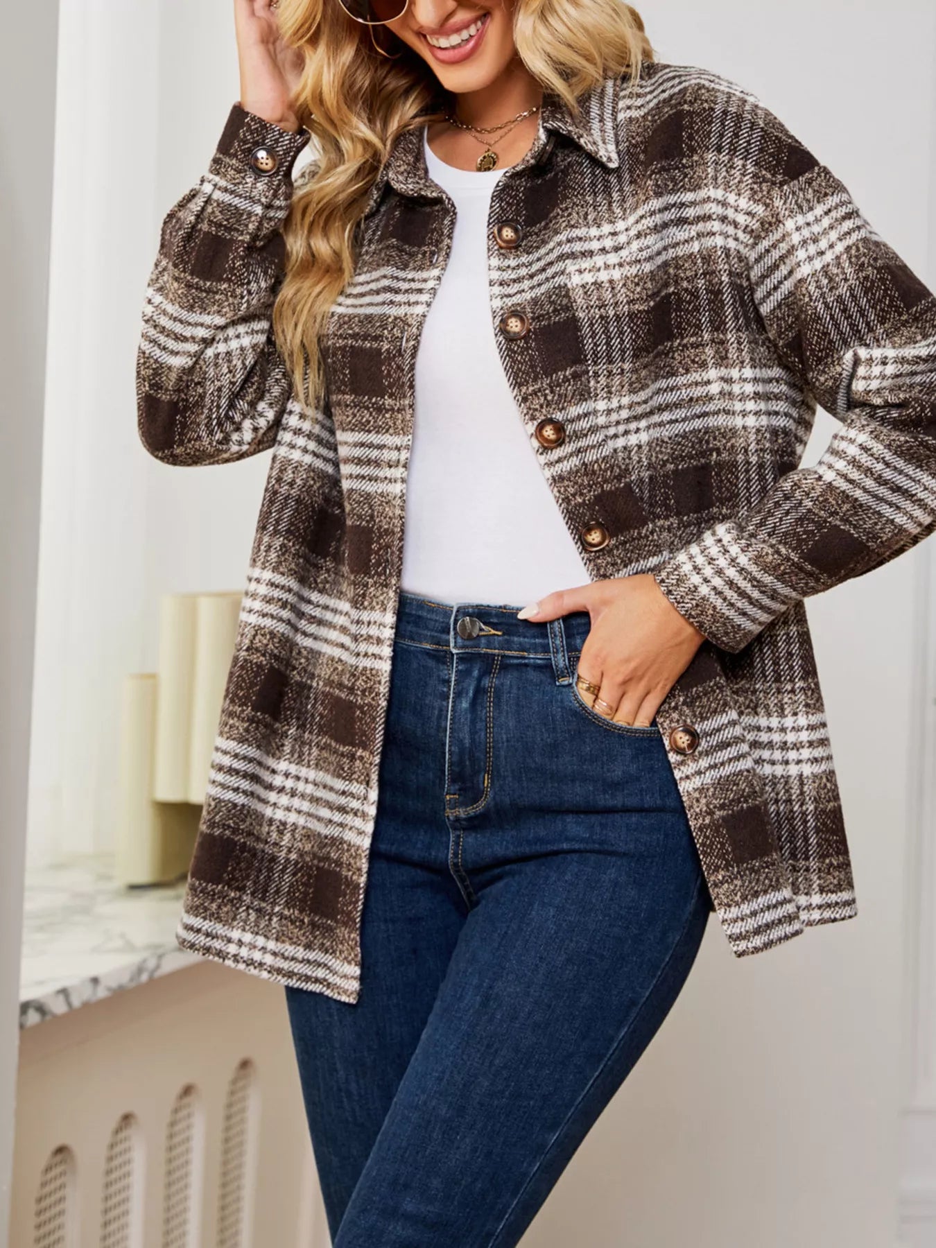 Plaid Button Up Long Sleeve Shacket Brown