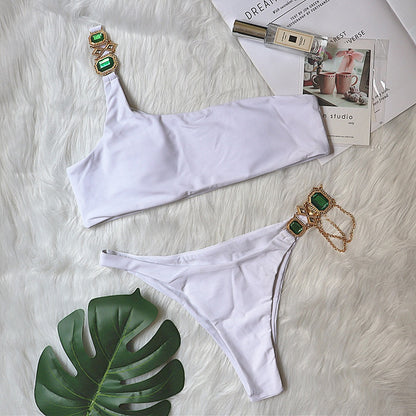 Swimsuit Luxury Crystal Diamond Chain Women Split Swimsuit Plain One Shoulder Sexy Bikini White