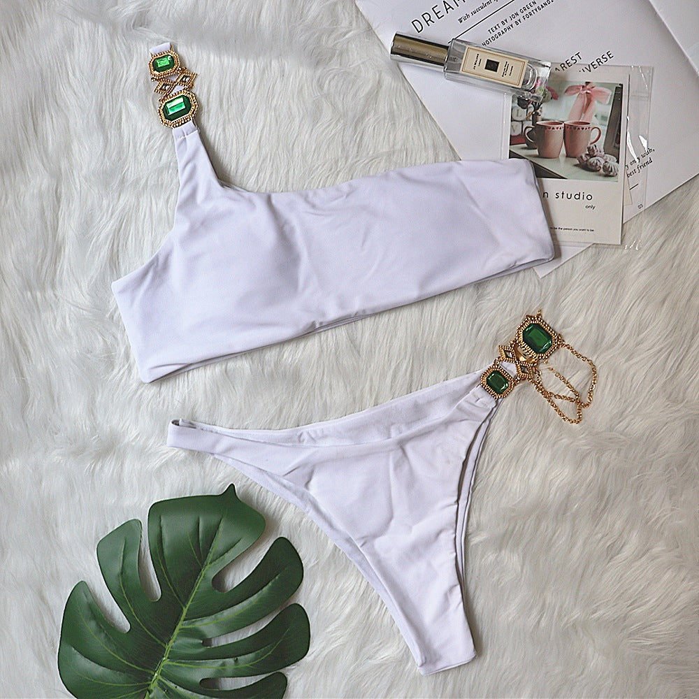 Swimsuit Luxury Crystal Diamond Chain Women Split Swimsuit Plain One Shoulder Sexy Bikini White