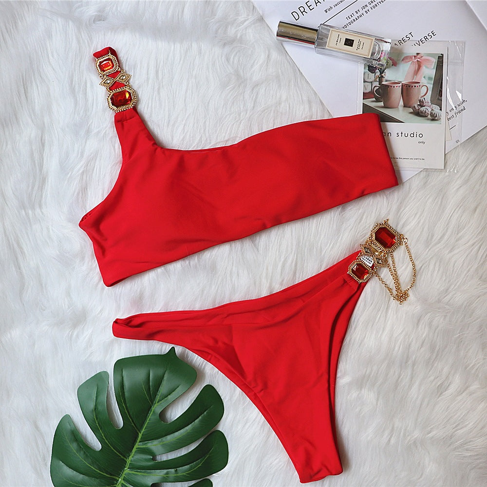 Swimsuit Luxury Crystal Diamond Chain Women Split Swimsuit Plain One Shoulder Sexy Bikini Red