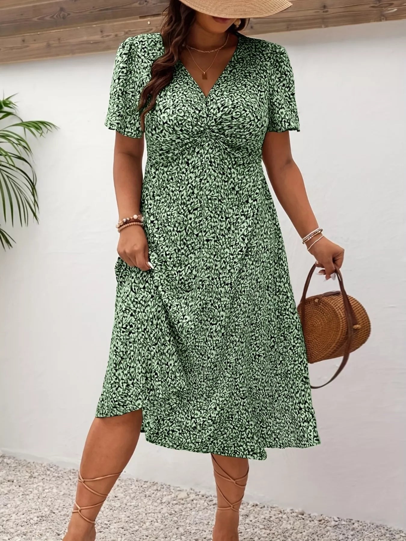 Plus Size Printed V-Neck Short Sleeve Midi Dress Army Green