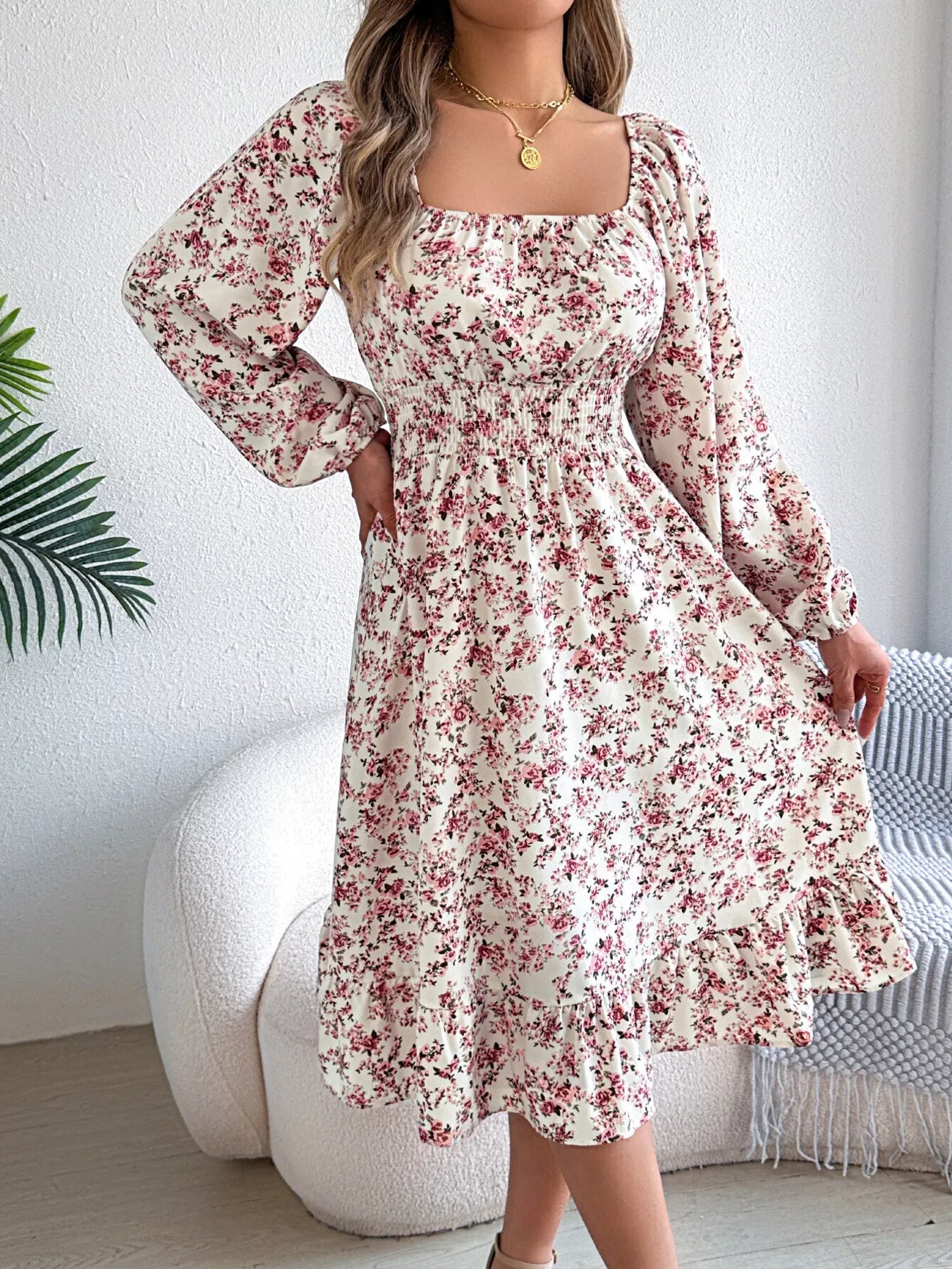 Floral Print Long Sleeve Square Neck Midi Dress