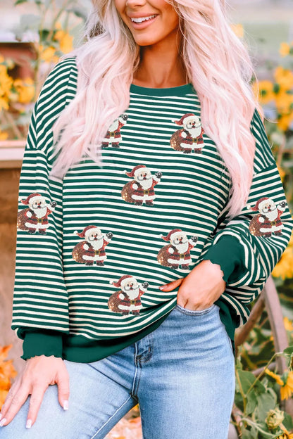 Striped Santa Round Neck Christmas Sweatshirt Dark Green