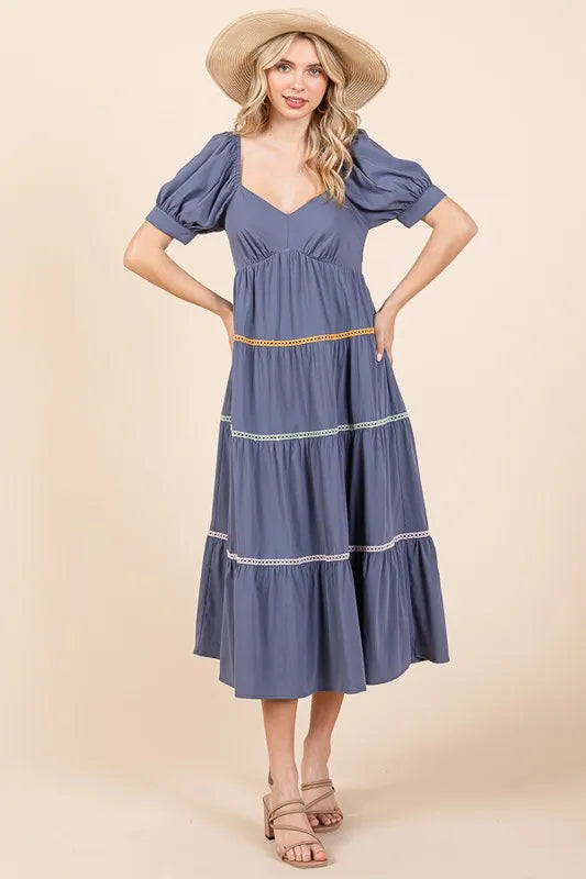 Lime 'N' Chili Trim Detail Puff Sleeve Tiered Maxi Dress DENIM
