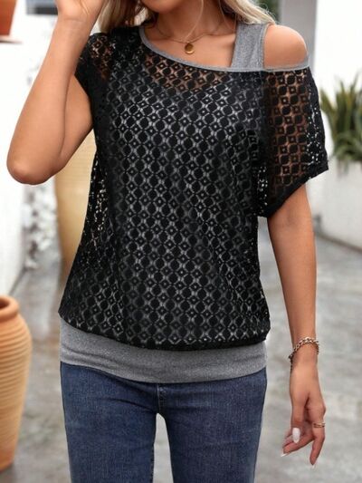 Lace Short Sleeve Fake Two Piece T-Shirt Dark Gray