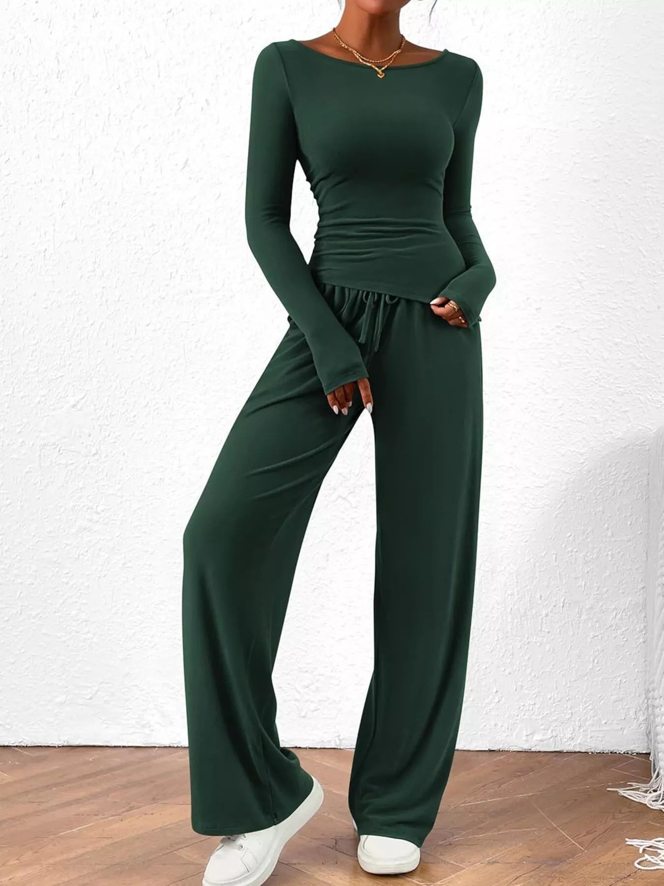Long Sleeve Top and Wide Leg Pants Set Dark Green