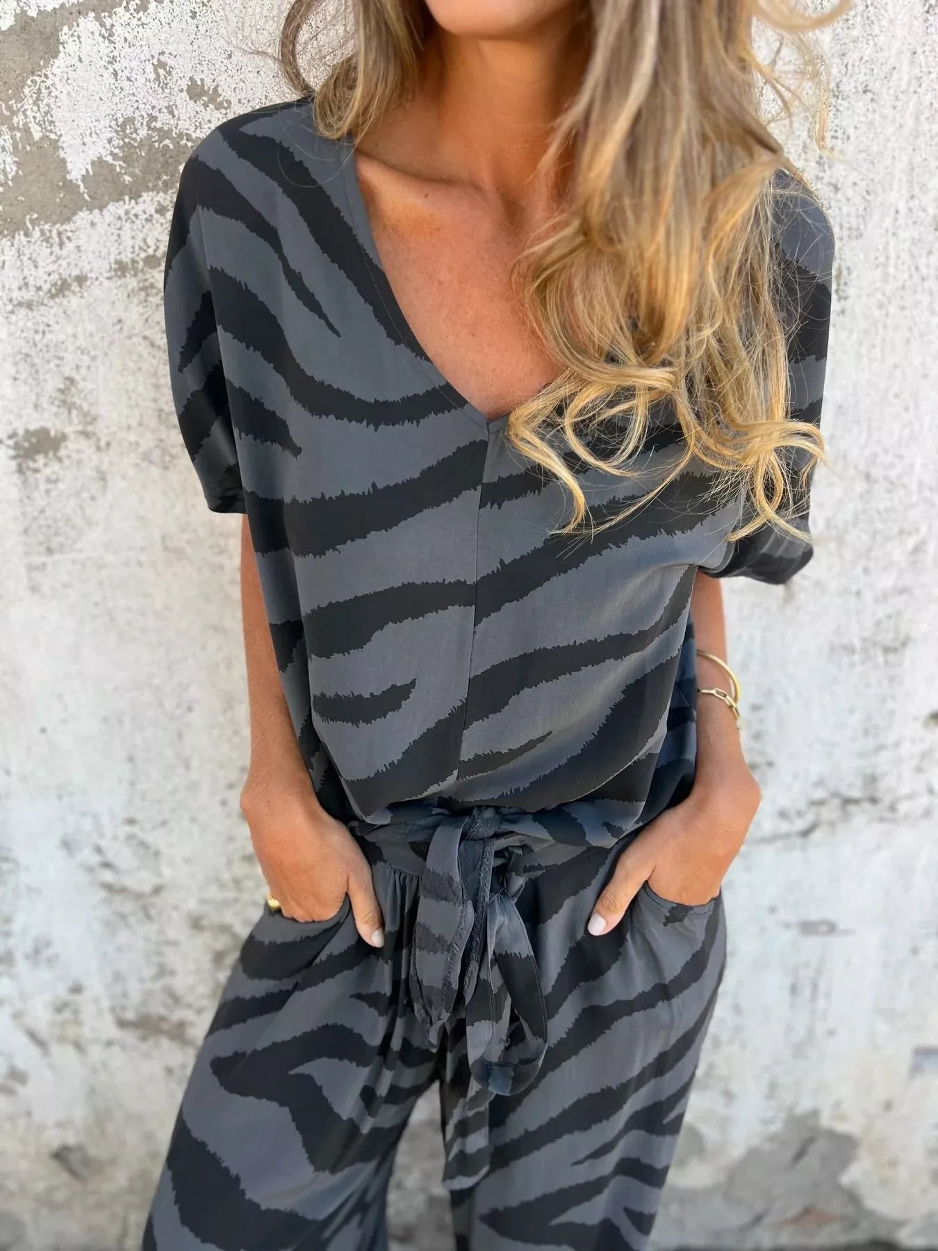 Zebra Print V-Neck Top and Pants Set