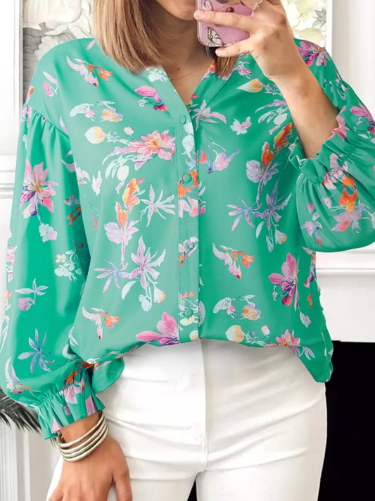 Floral Lantern Sleeve Button Front Shirt Turquoise