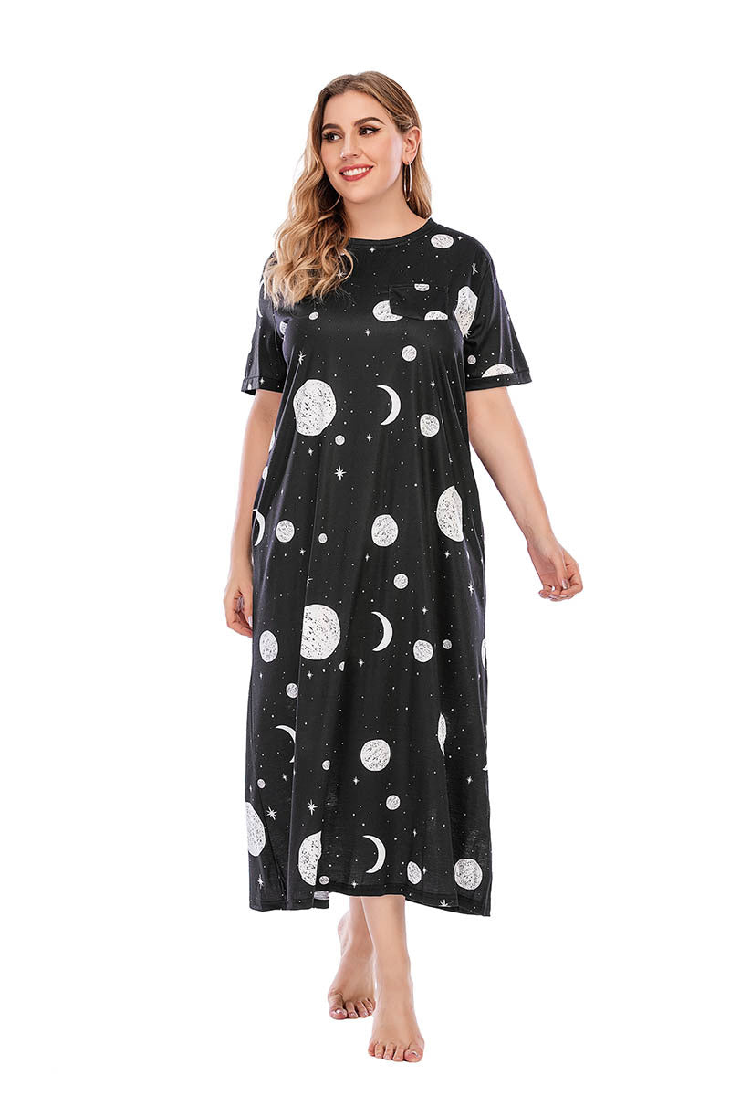 Plus Size Graffiti Nightdress T-shirt Skirt Home Wear Brand Star Loose Maxi Dress Black