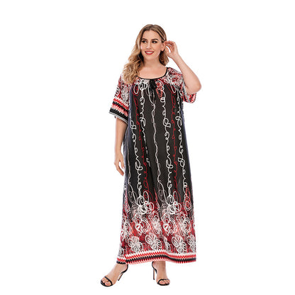 Plus Size Women Loose Home Wear Short Sleeve Dress Floral Print Maxi Dress Red