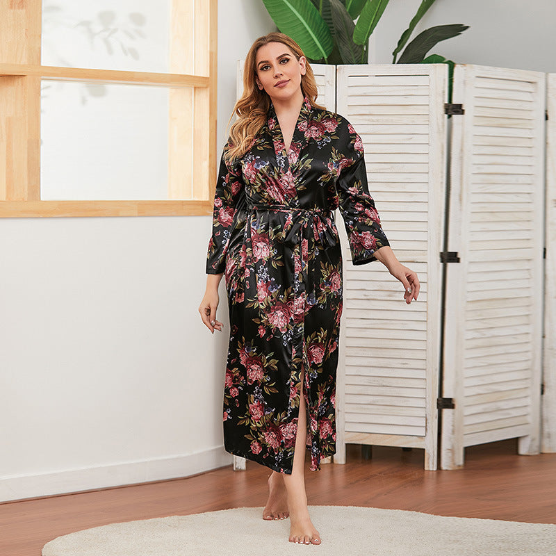 Plus Size Spring Autumn Artificial Silk Women Thin Long-Sleeved Home Wear Can Be Worn outside Nightgown Black