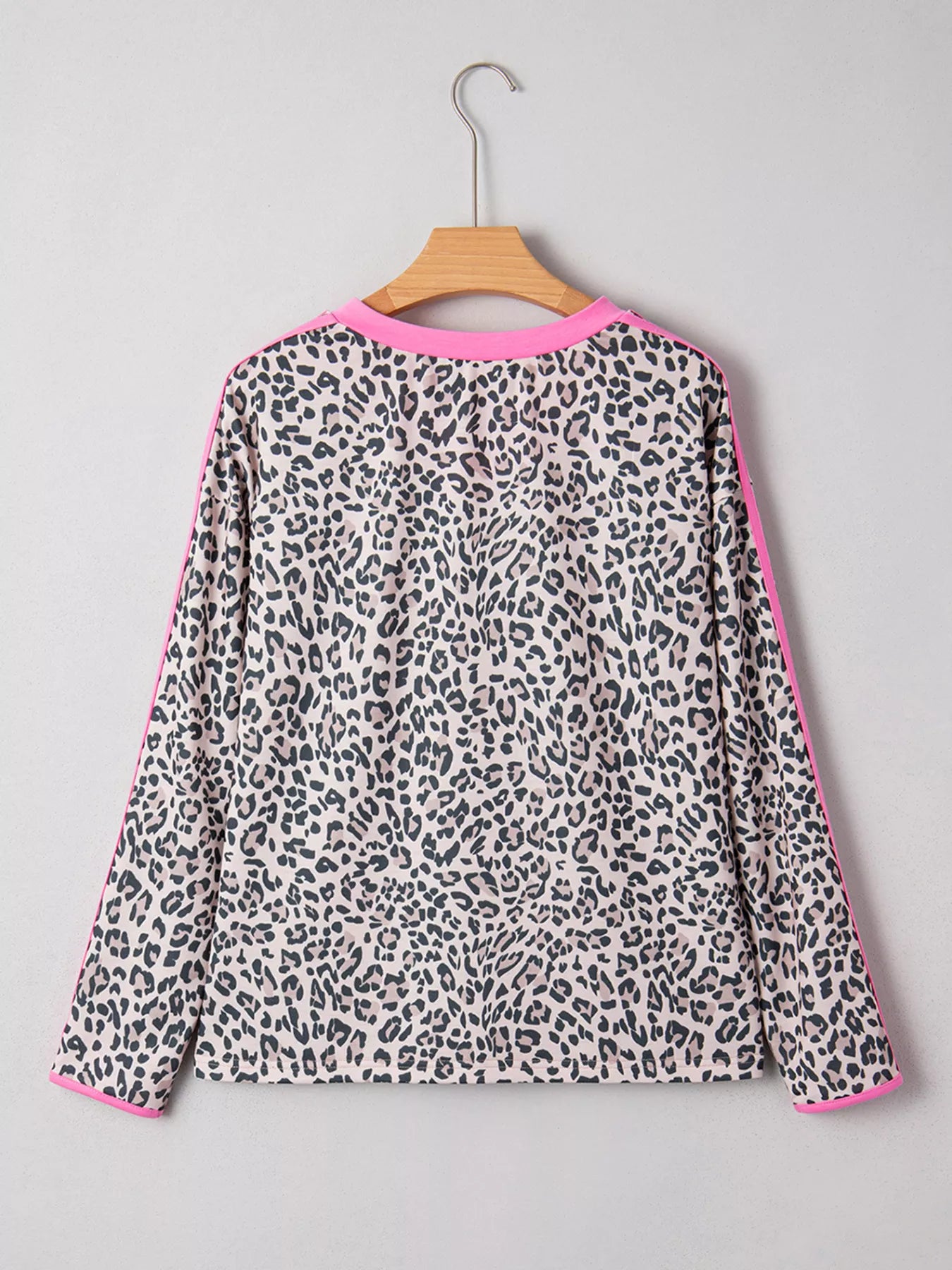 Leopard Print Contrast V Neck Varsity Stripe Detail Long Sleeve Top