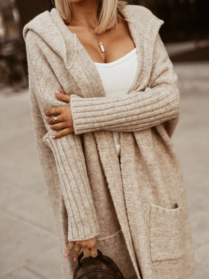 Full Size Hooded Knit Open Front Cardigan Plus Size Khaki