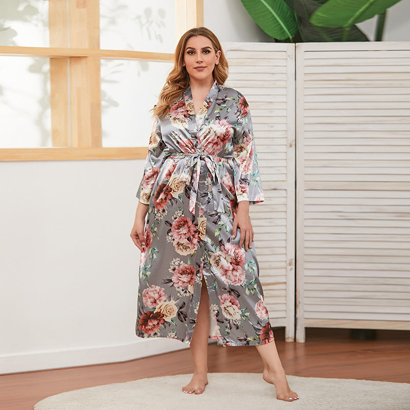 Plus Size Spring Autumn Artificial Silk Women Thin Long-Sleeved Home Wear Can Be Worn outside Nightgown