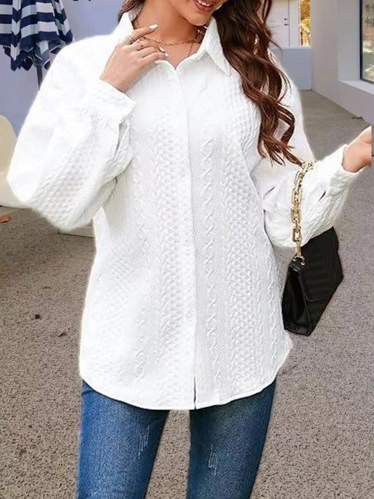 Texture Button Up Long Sleeve Shacket White