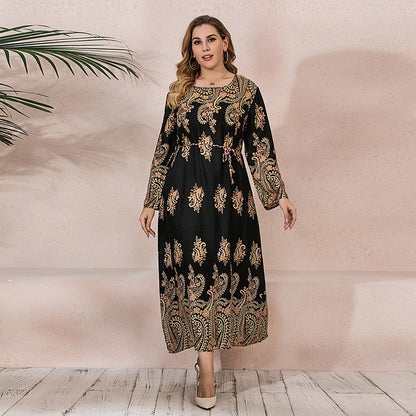 Plus Size Ethnic Loose Maxi Dress Cashew Printed Long Sleeve Dress Classic Black