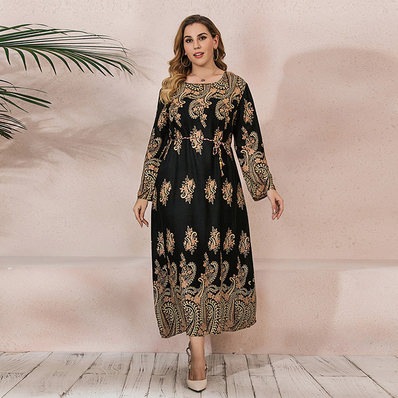 Plus Size Ethnic Loose Maxi Dress Cashew Printed Long Sleeve Dress Classic Black