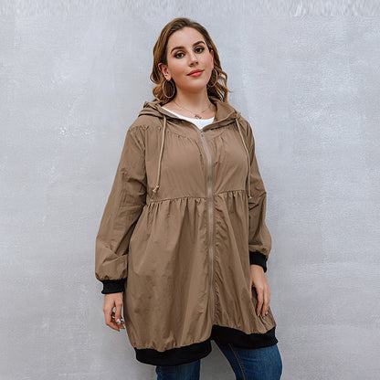 Plus Size Trench Coat Sweater Mid-Length Cardigan Hooded Coat Women All-Matching Coffee
