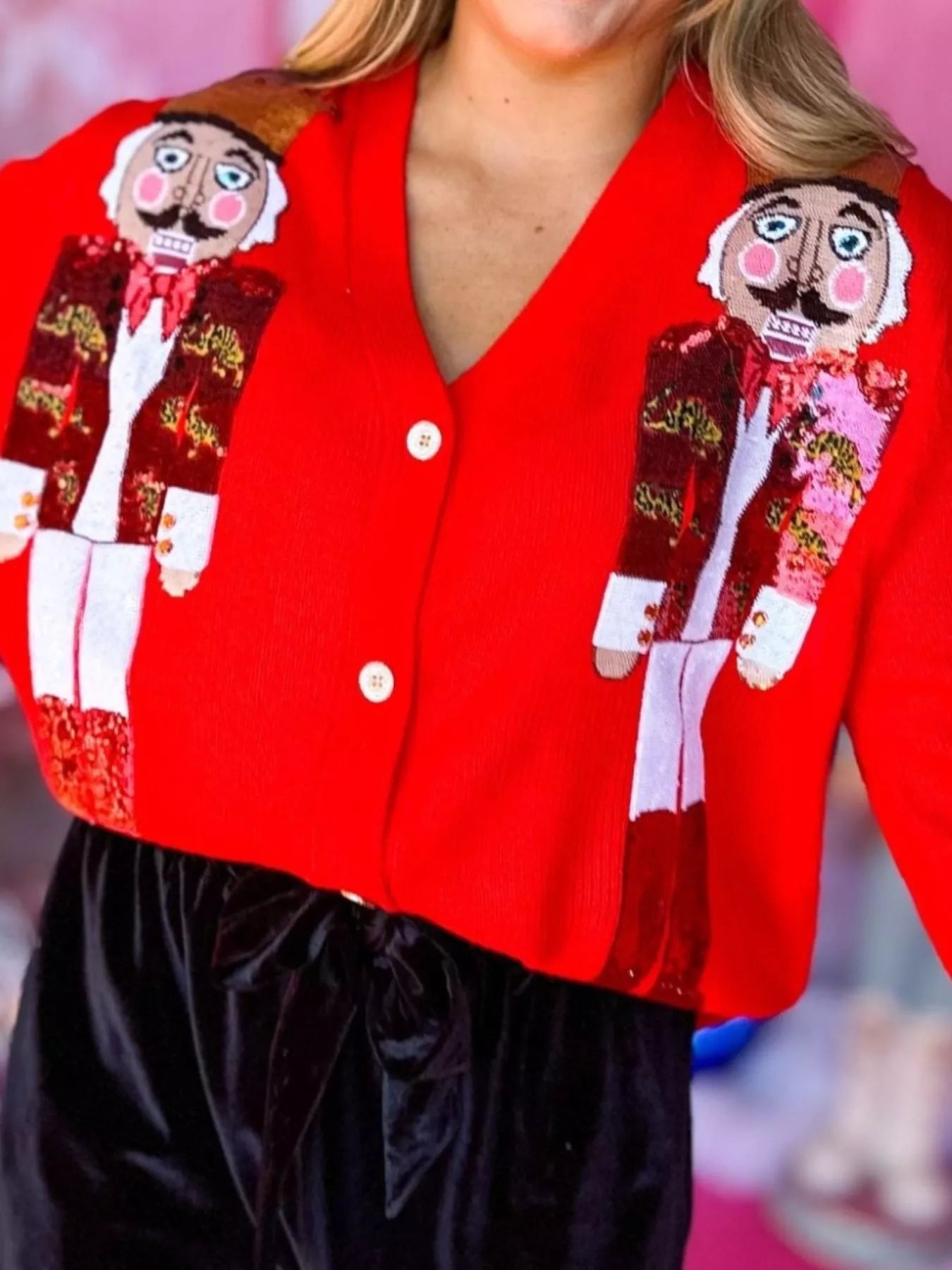 Nutcracker Ribbed Hem V-Neck Cardigan