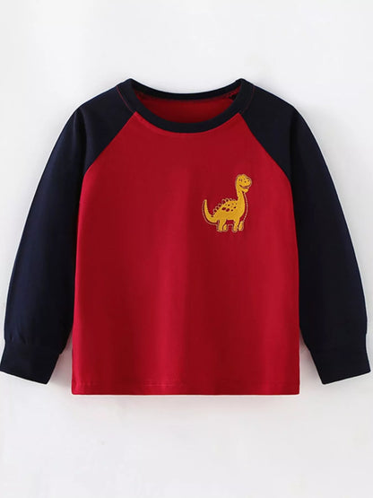 Children's Dinosaur Color Block Long Sleeve T-Shirt Burgundy