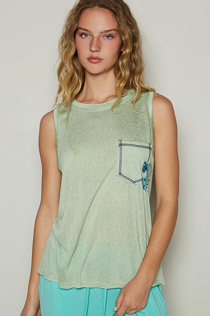 POL Floral Detail Pocket Patch Tank Top Gum Leaf