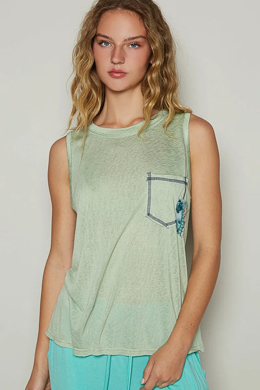 POL Floral Detail Pocket Patch Tank Top Gum Leaf