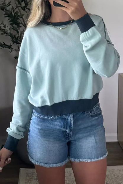 Exposed Seam Cropped Sweatshirt Light Blue