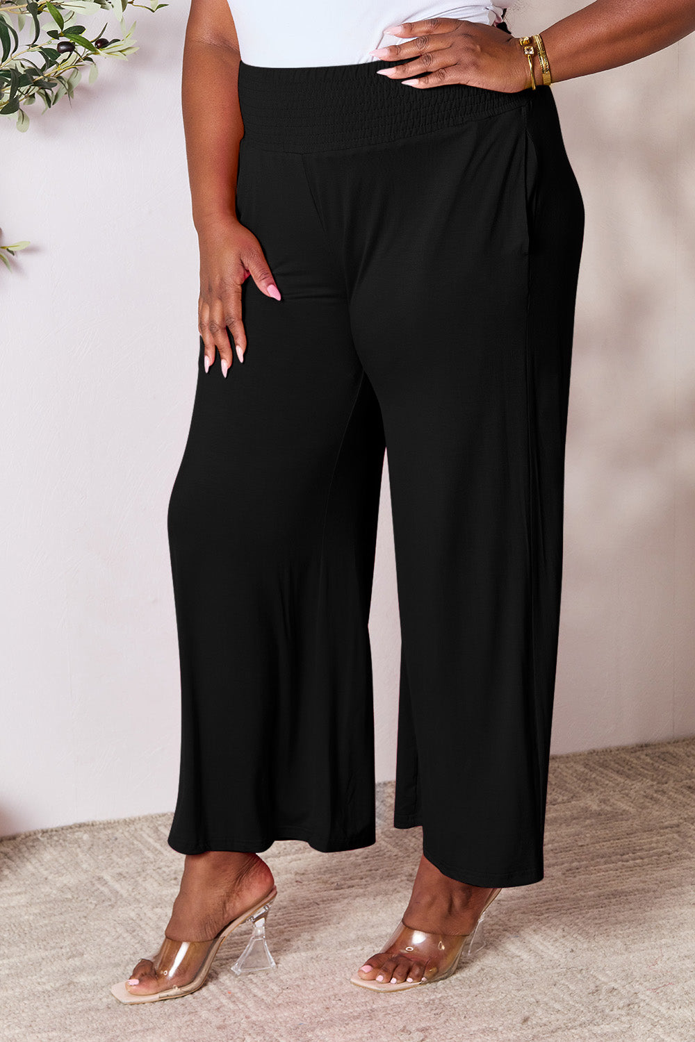 Smocked High-Waist Wide Leg Pants
