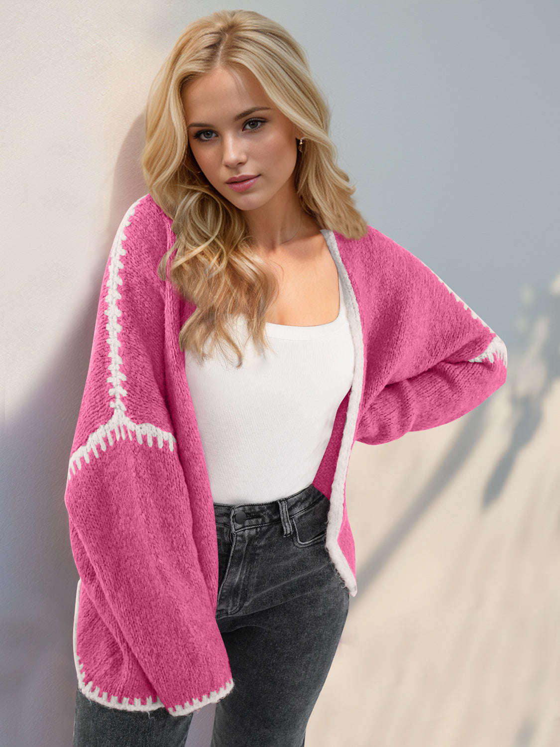 Back To School Sweater - Double Take Contrast Open Front Dropped Shoulder Cardigan Hot Pink