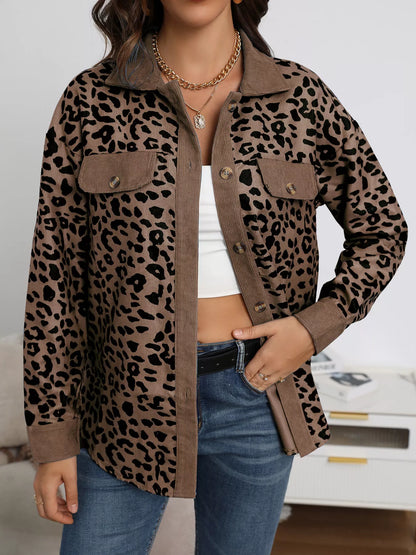 Full Size Leopard Print Button-Down Jacket Plus Size Brown