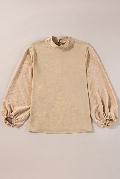 Swiss Dot Mock Neck Balloon Sleeve Blouse Tan