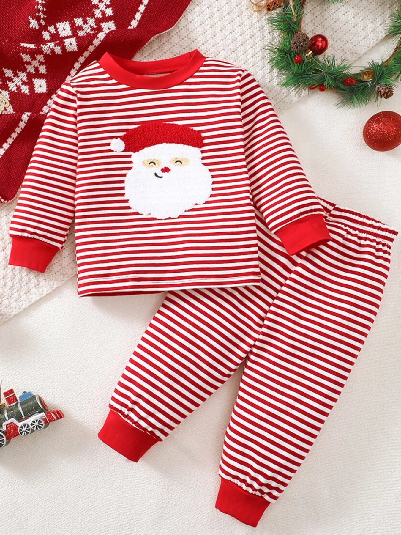 Children's Christmas Santa Striped Pajama Set Deep Red