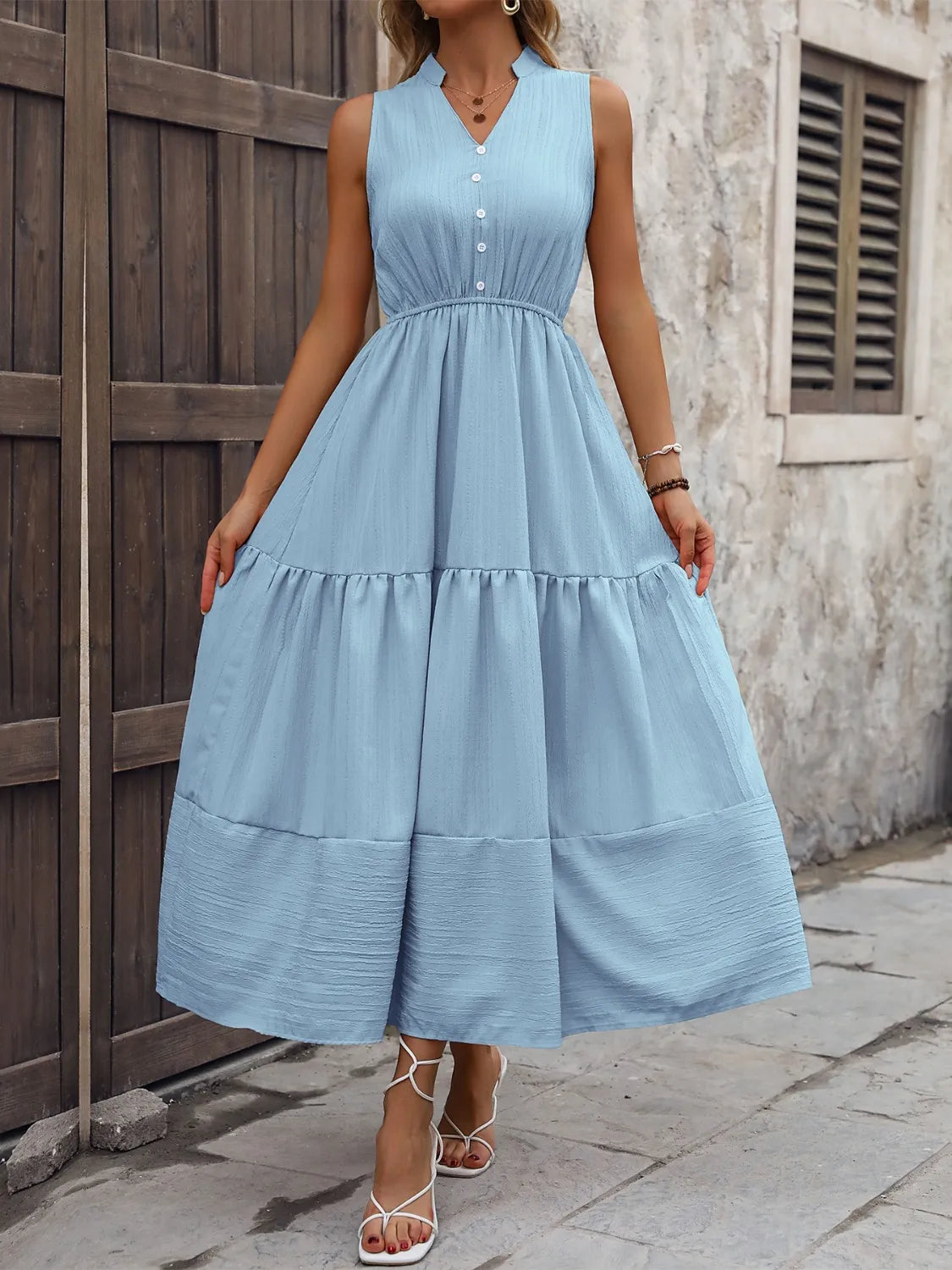 Notched Sleeveless Maxi Tank Dress Light Blue