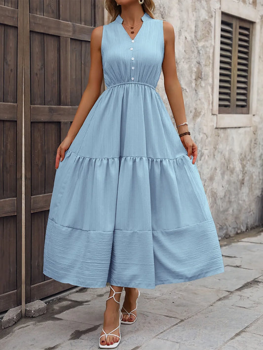 Notched Sleeveless Maxi Tank Dress Light Blue
