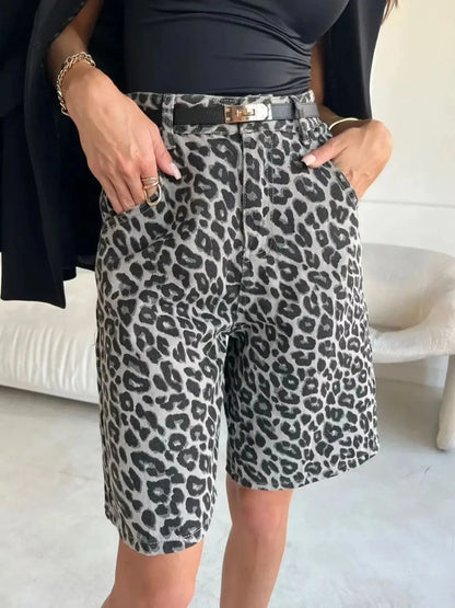 Leopard Print High-Waisted Casual Shorts Dark Gray