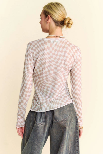 Davi & Dani Checker Board Mesh Long Sleeve Layering Top