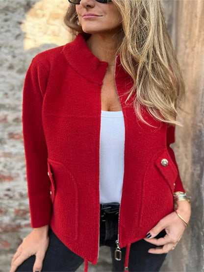 Full Size Zip-Up Long Sleeve Outerwear Plus Size Red