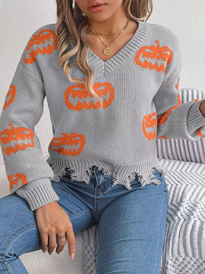 Halloween Pumpkin Pattern Raw Hem V-Neck Sweater