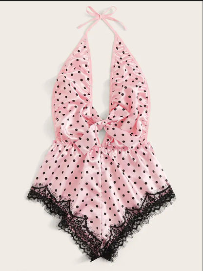 Sexy Lace Pink Spot Eyelash Lace Sexy Jumpsuit
