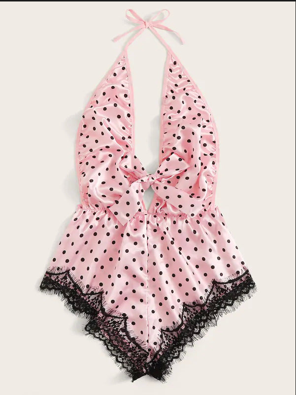 Sexy Lace Pink Spot Eyelash Lace Sexy Jumpsuit Pink