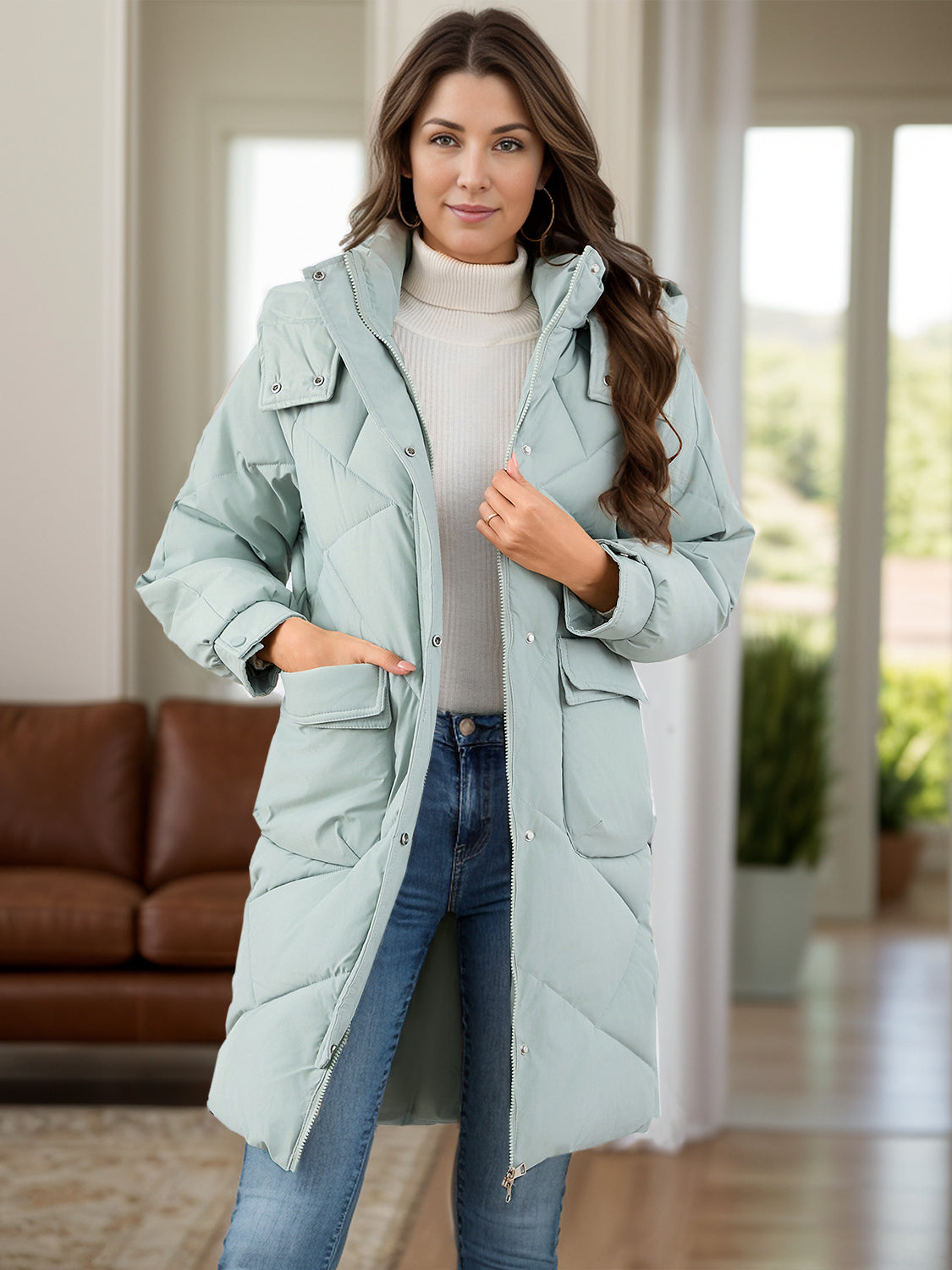 Long Sleeve Longline Hooded Winter Coat with Pockets Sage